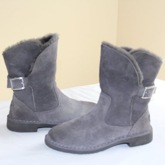 New without Tags Uggs Jannika Charcoal Suede Fur Cuff Booties Size 6. - Picture 8 of 13